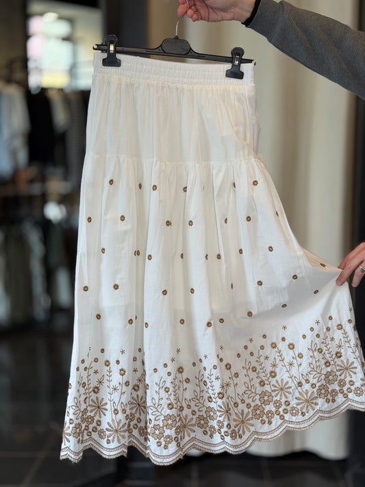 Gonna bianca midi con ricamo fiori beige in taglia unica 2507