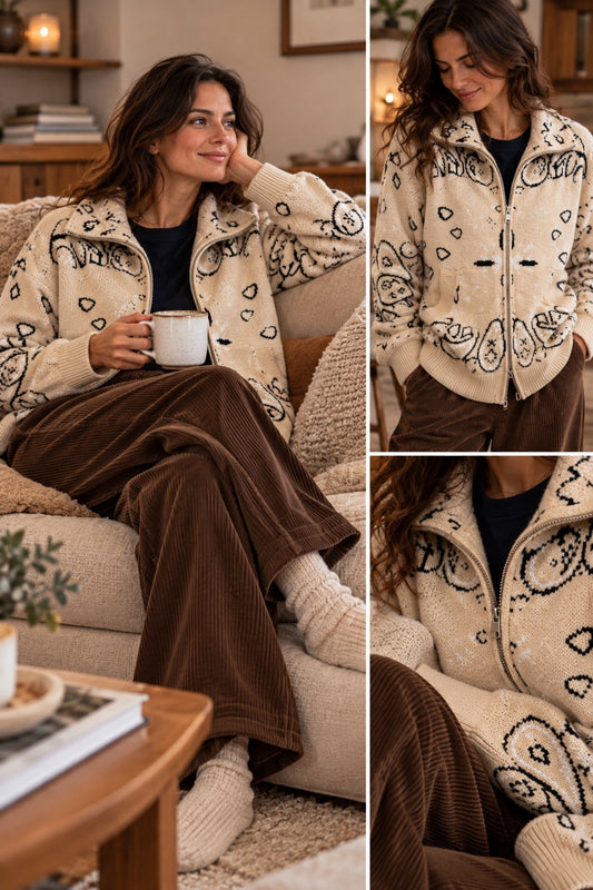 Cardigan beige con zip in fantasia cashmere in taglia unica