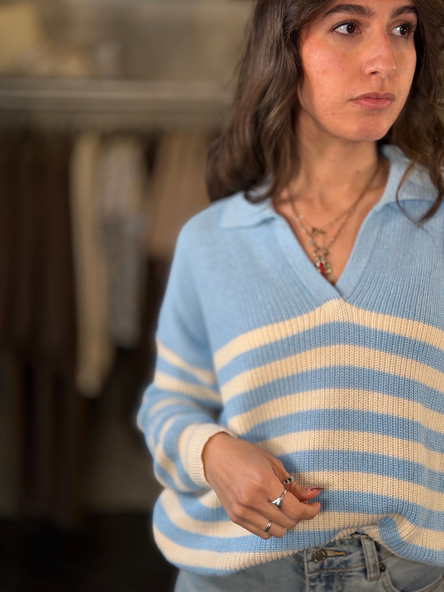 Maglioncino a Polo a righe azzurro e bianco in taglia unica 2253