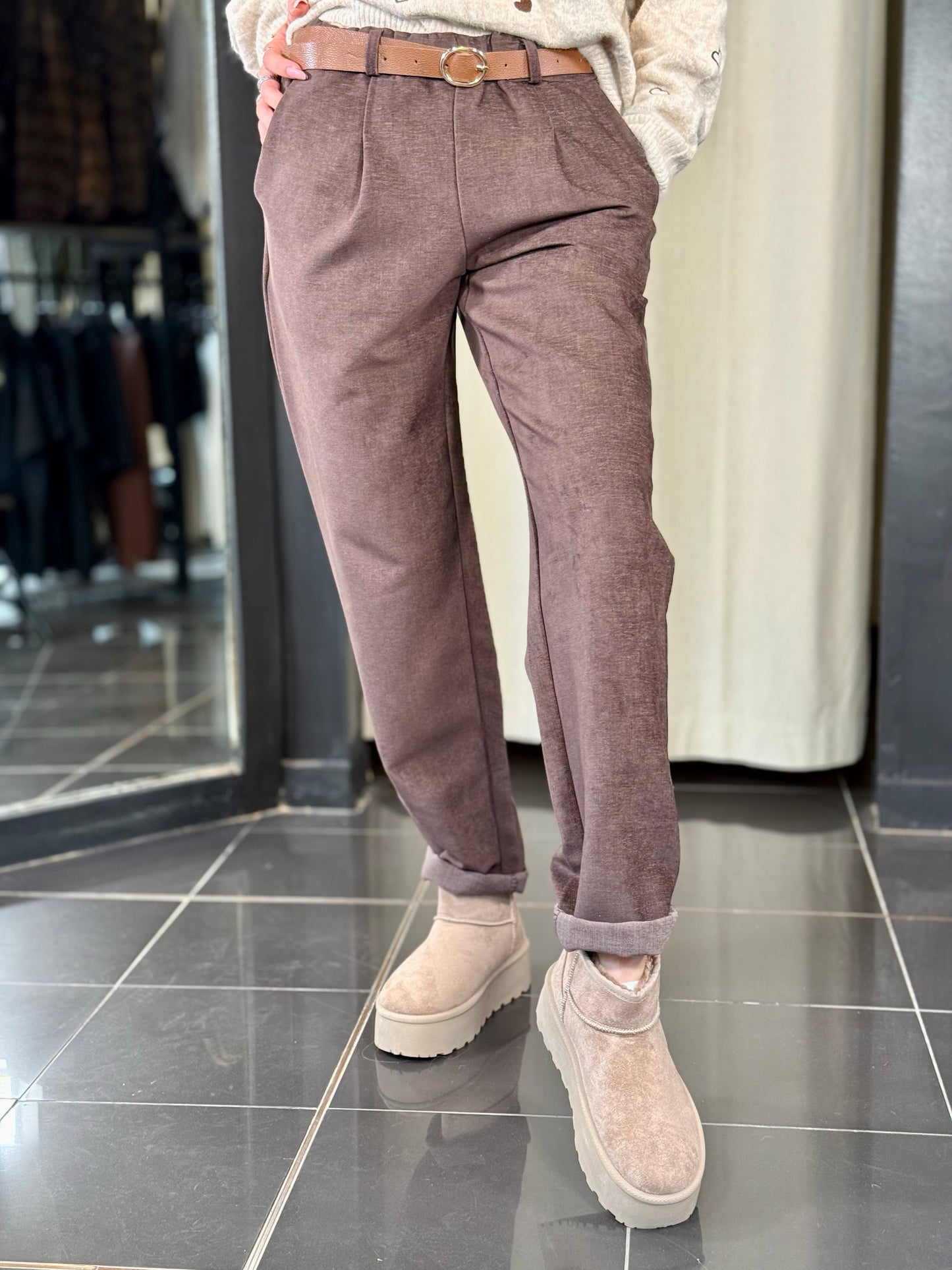 Pantalone marrone Slim effetto suede con cintura in taglia unica 2200
