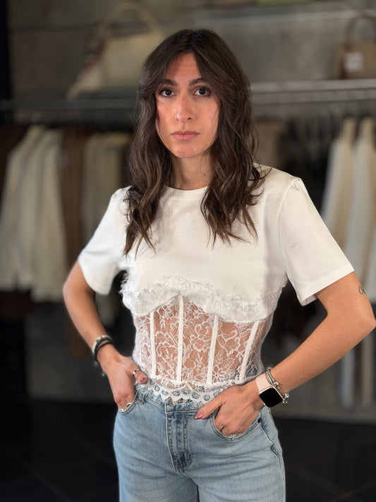 T-shirt crop con fondo in pizzo in taglia unica 2237