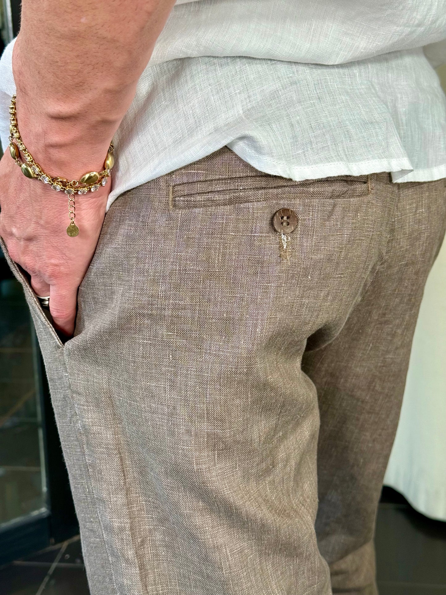 Pantalone in lino marrone con coulisse 754