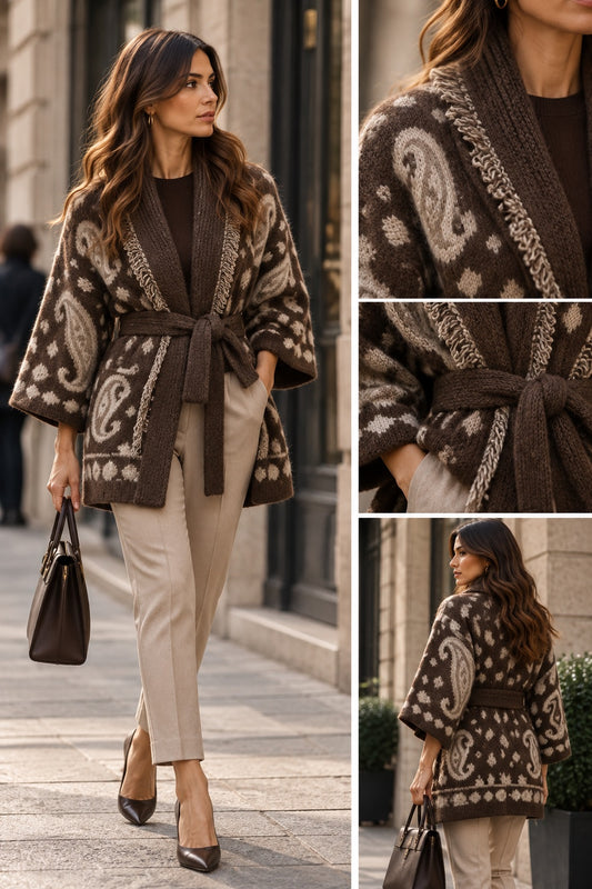 Cardigan marrone con fusciacca con fantasia grigio in taglia unica