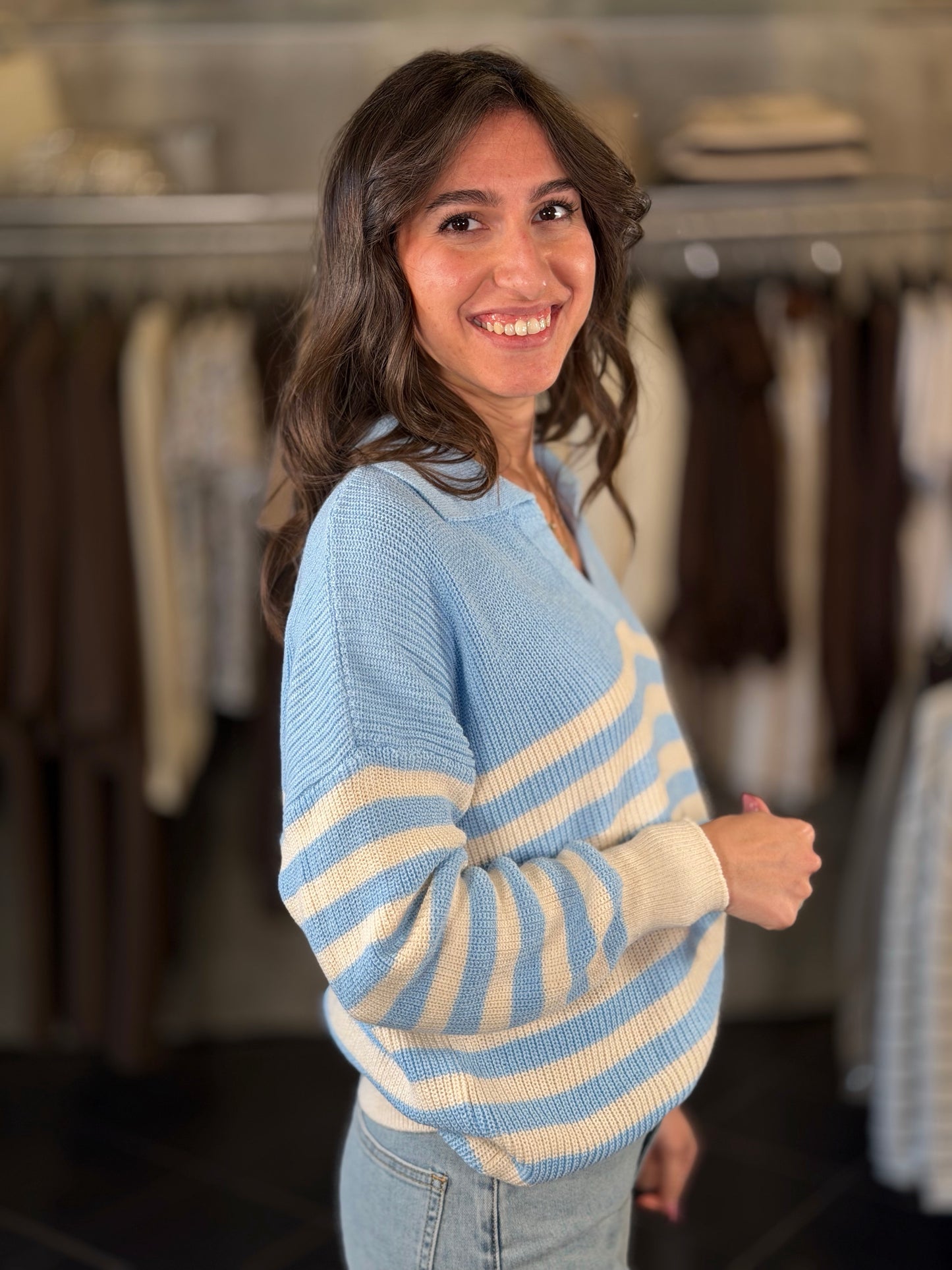 Maglioncino a Polo a righe azzurro e bianco in taglia unica 2253