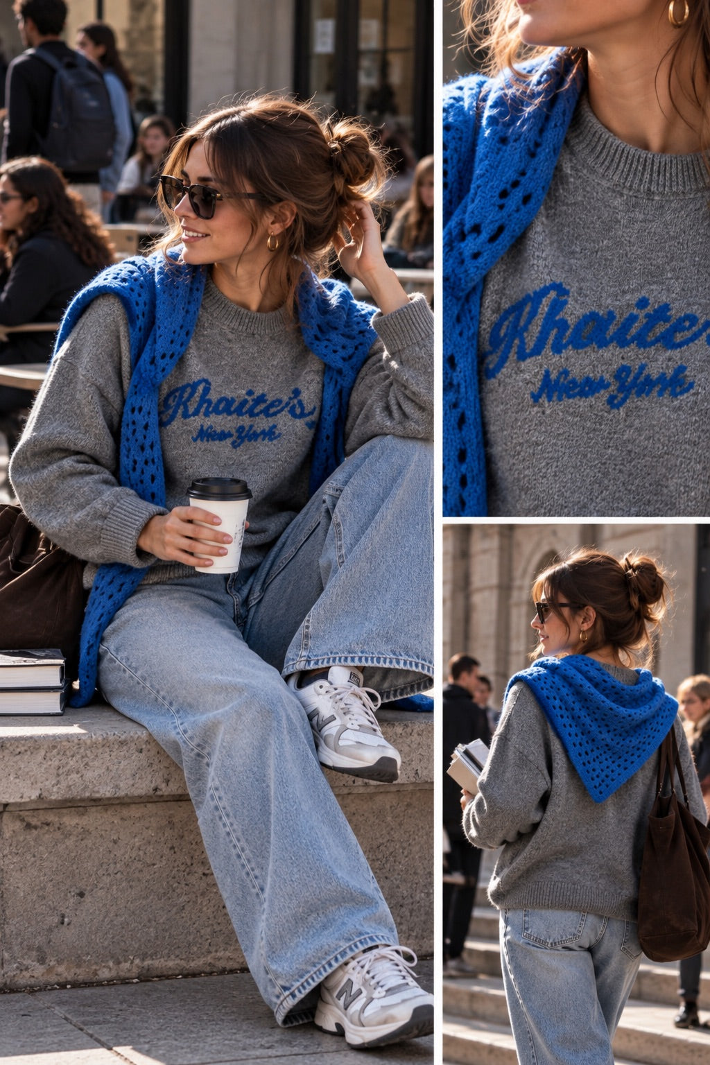Maglione grigio con foulard tricot bluette in taglia unica