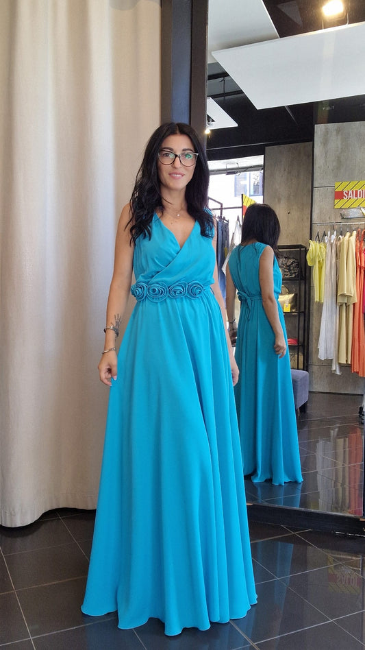 Abito lungo azzurro con fusciacca fiori rimovibile Rinascimento