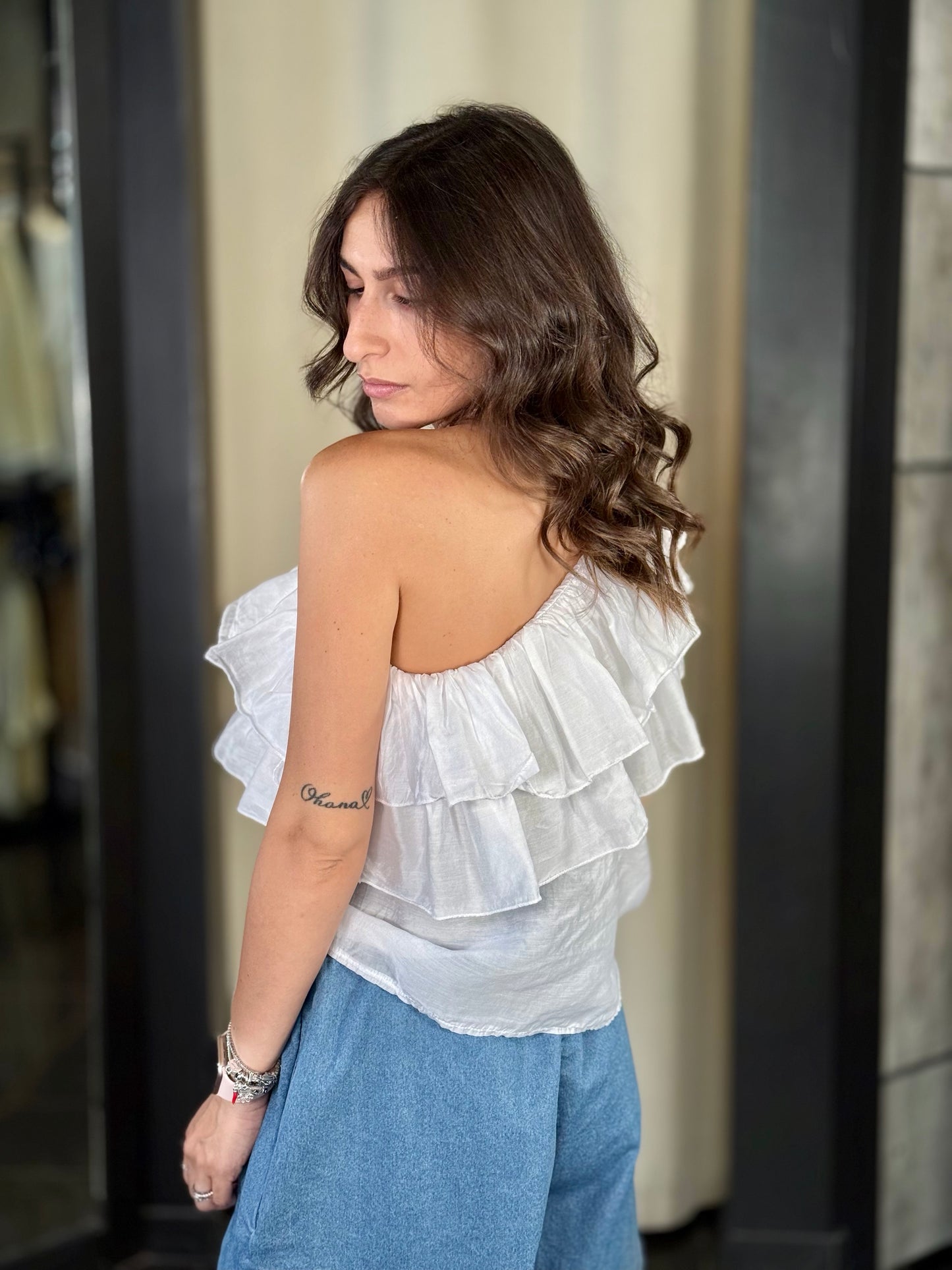 Top monospalla con volant in taglia unica 683
