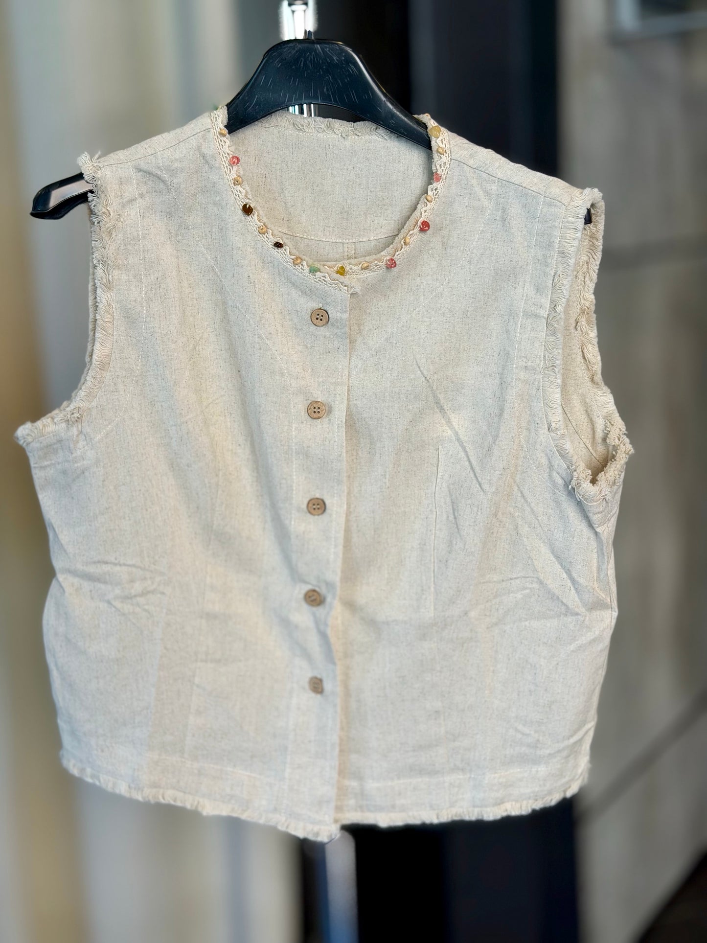 Gilet in lino beige con perline in taglia unica 2404