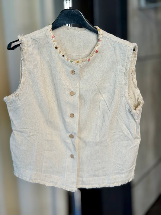 Gilet in lino beige con perline in taglia unica 2404