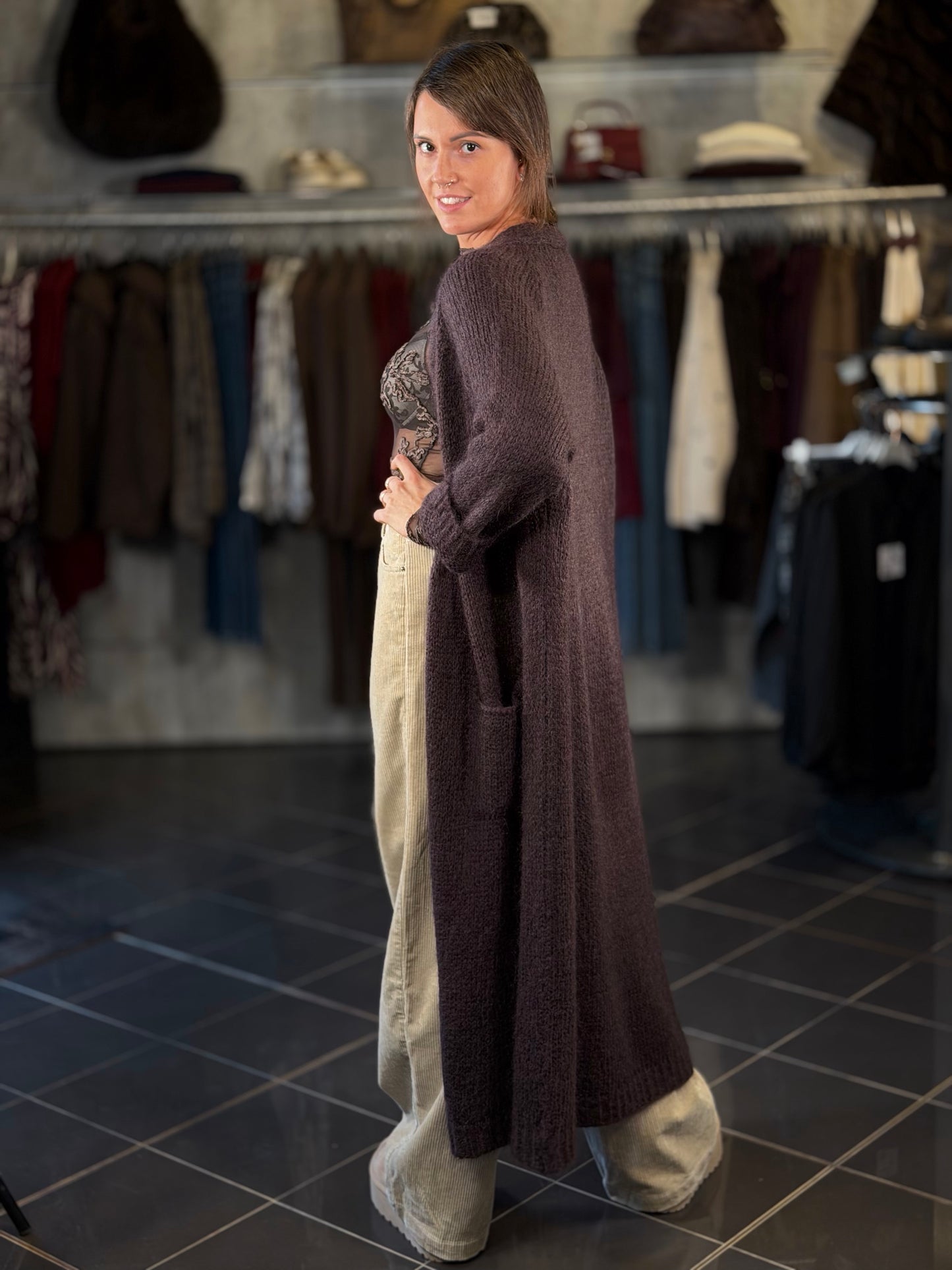 Maxi cardigan marrone lungo in taglia unica 2429