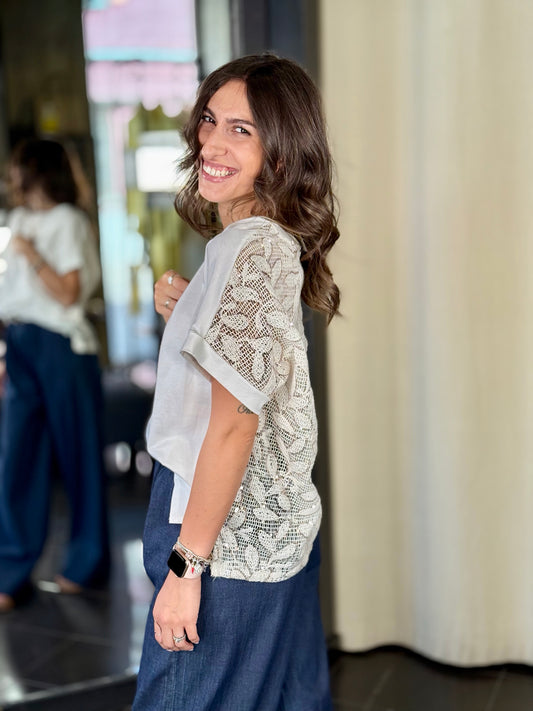 T-shirt oversize con dietro in pizzo sabbia in taglia unica 704