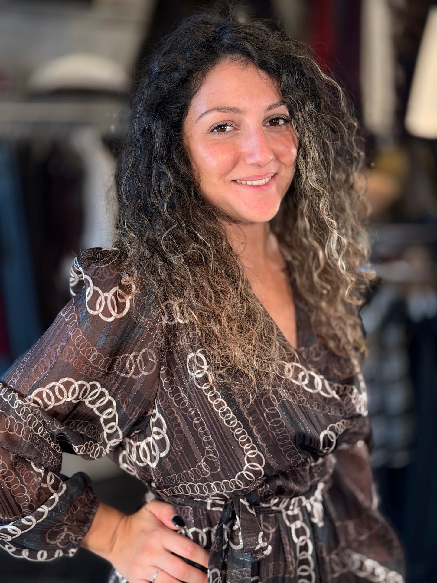 Abito marrone scollo a v e fusciacca con fantasia in taglia unica 2435