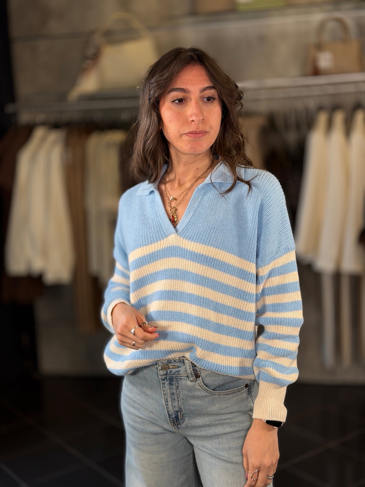 Maglioncino a Polo a righe azzurro e bianco in taglia unica 2253