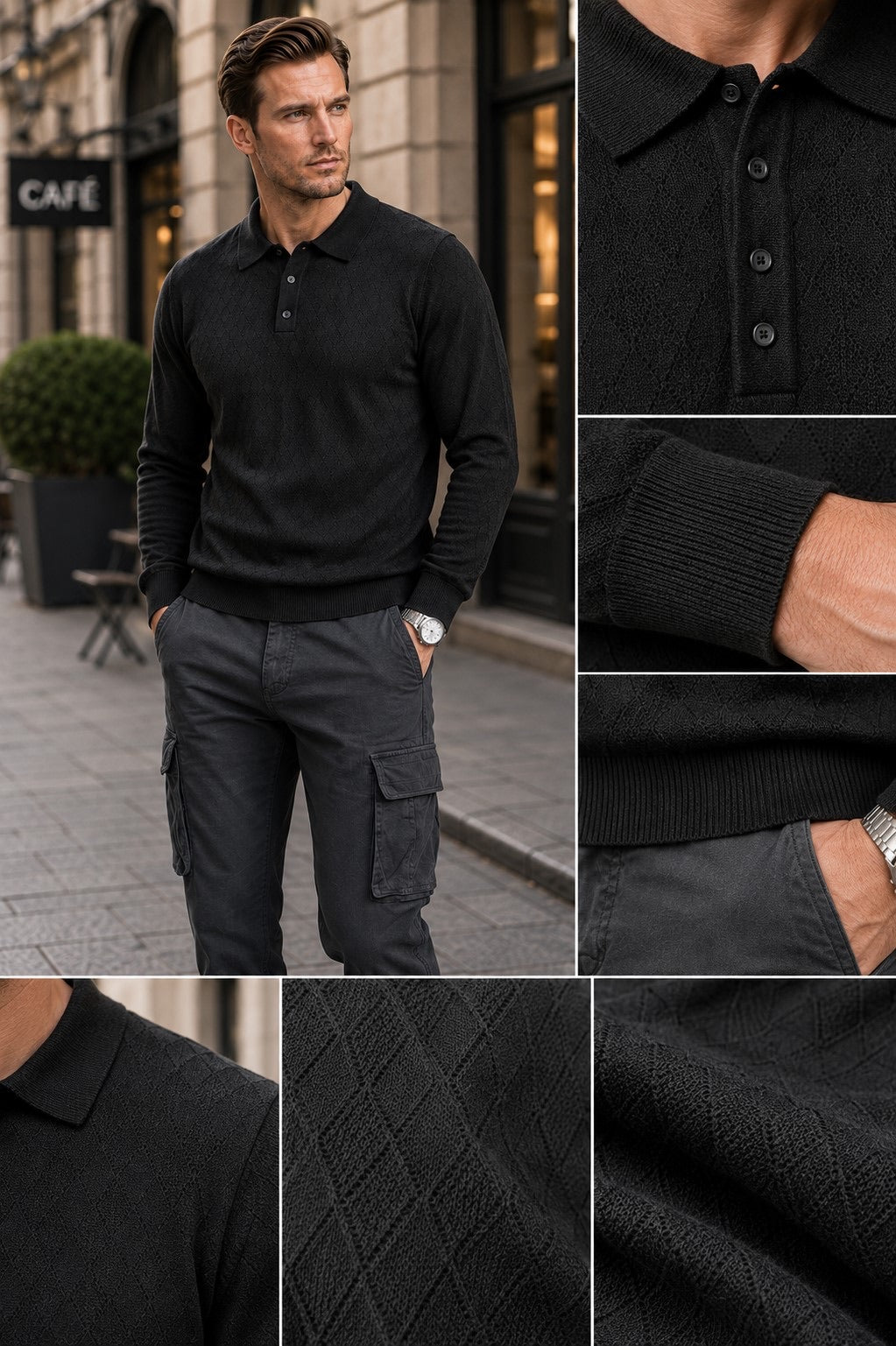 Polo in maglia con trama tono su tono nera
