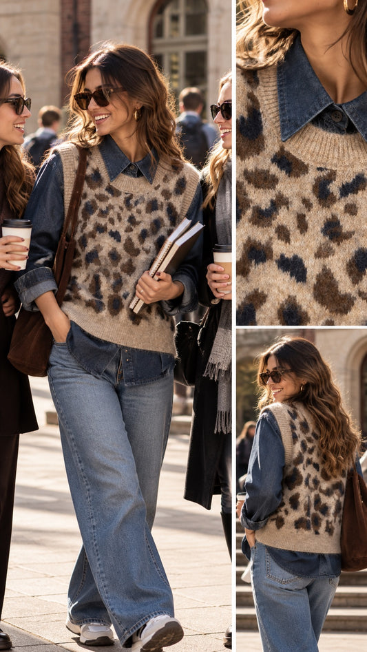 Gilet beige leopardato con camicia in denim in taglia unica
