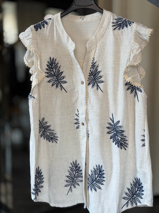 Camicia sabbia con ricami foglie blu in taglia unica 2492