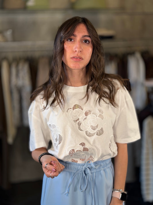 T-shirt quadrata bianca in fiori in pizzo in taglia unica 2262