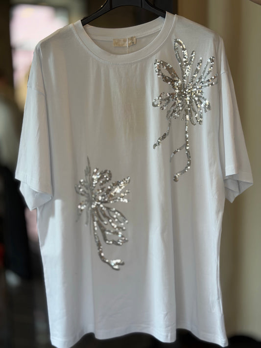 T-shirt oversize bianca con paillettes argento in taglia unica 2954