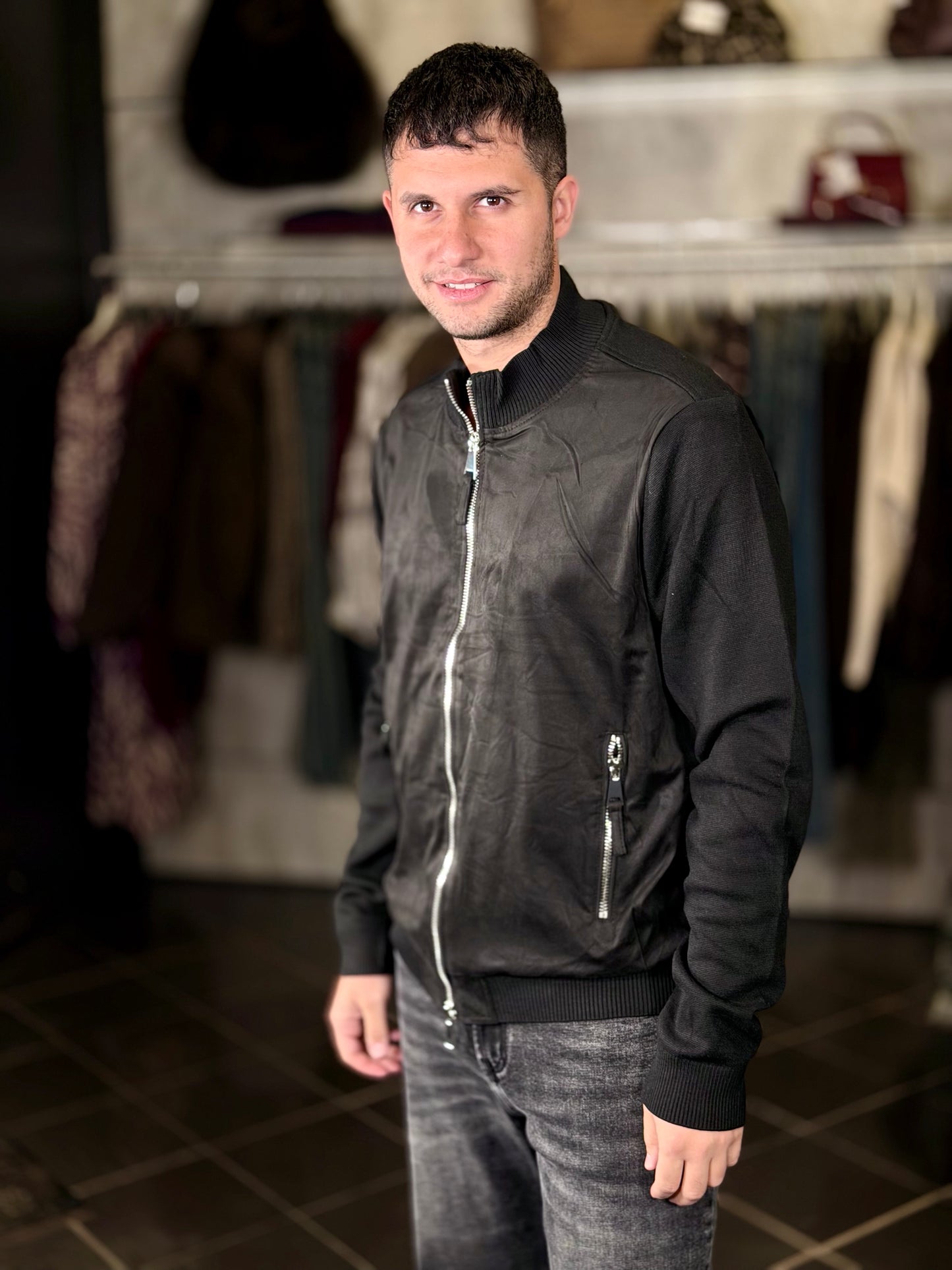 Cardigan nero con zip effetto suede 2310