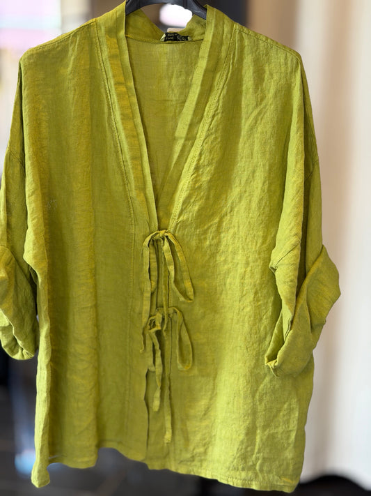 Camicia in Lino coreana verde olio con lacci in taglia unica 2857A