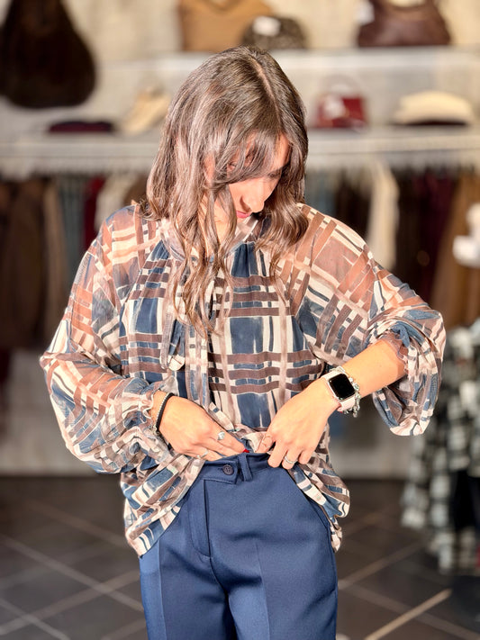 Blusa stampa geometrica blu e beige in taglia unica 2203