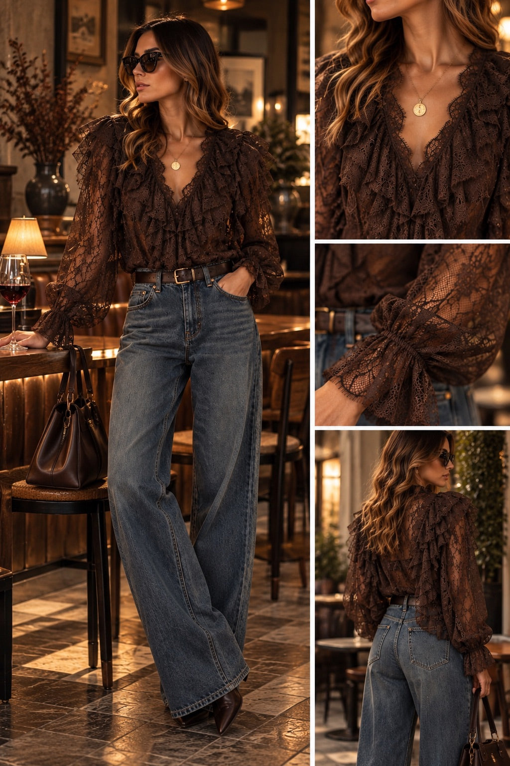 Camicia in pizzo marrone con scollo a V in taglia unica