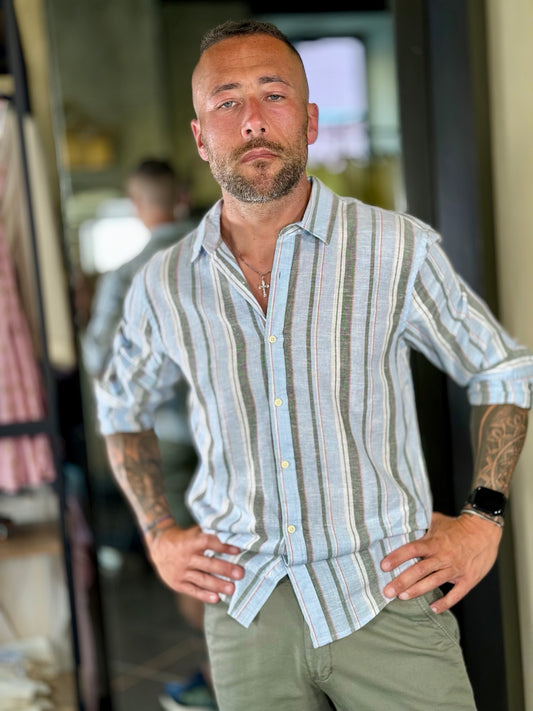 Camicia in lino a righe azzurre e verdi 533