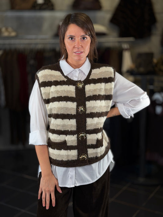 Gilet smanicato a righe marrone con bottoni gioiello in taglia unica 2450