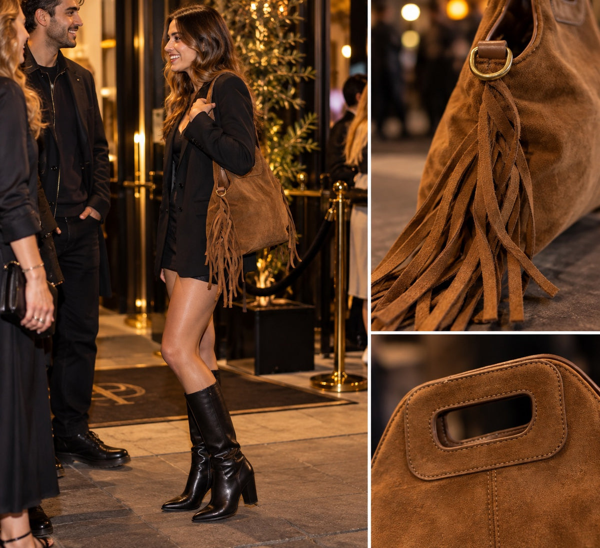 Mini bag in suede color coccio con frange e tracolla all’interno