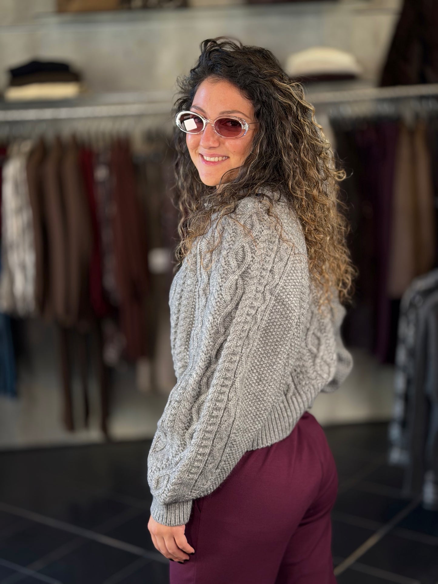 Cardigan crop con maniche a sbuffo grigio in taglia unica 2457