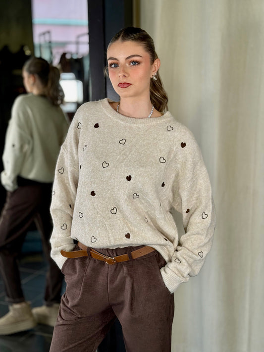 Maglione oversize panna con cuori marroni in taglia unica 2173