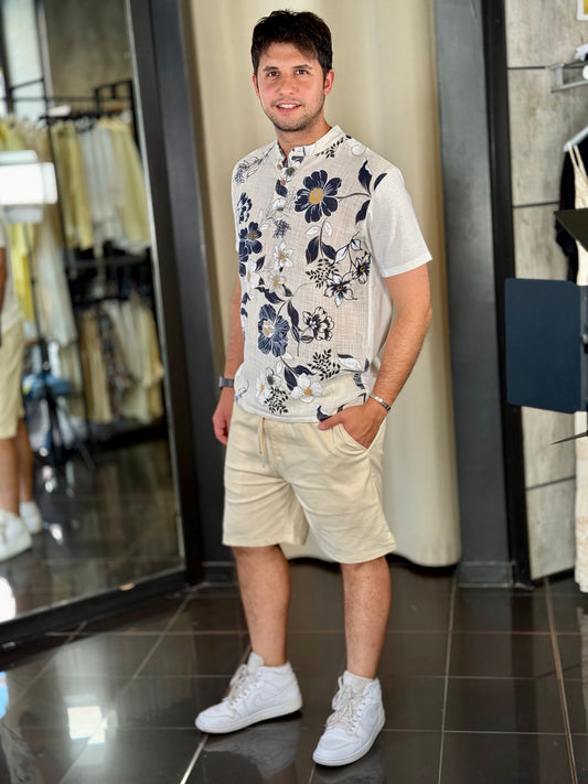 T-shirt coreana serafino con stampa fiori blu 654
