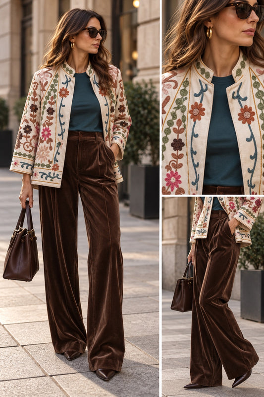 Giacca sabbia a fiori effetto suede in taglia unica
