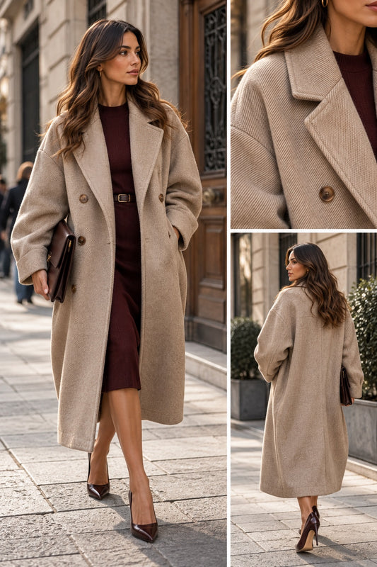 Cappotto doppio petto oversize spigato beige