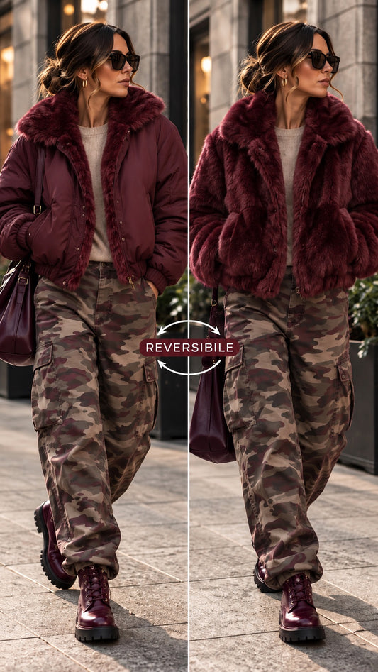 Bomber bordeaux con eco-pelliccia reversibile in taglia unica