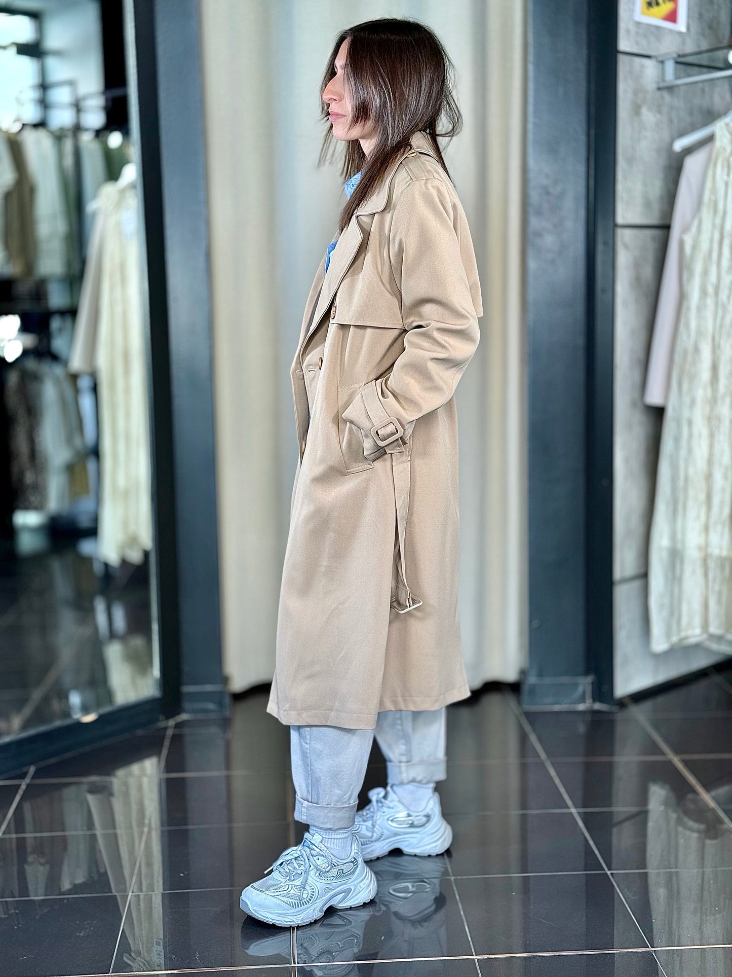 Trench beige lungo con fusciacca in taglia unica 357