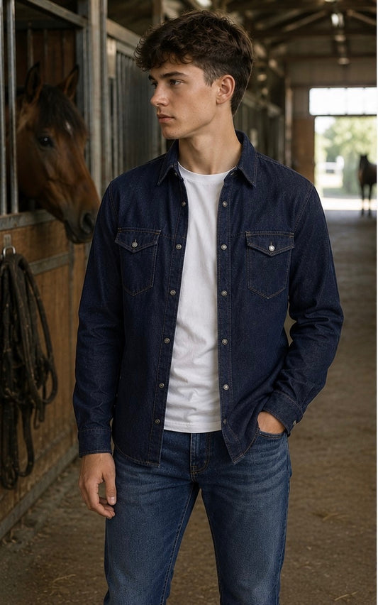 Camicia in jeans blu scuro con bottoni automatici