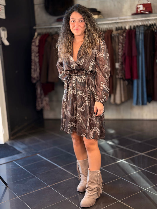 Abito marrone scollo a v e fusciacca con fantasia in taglia unica 2435