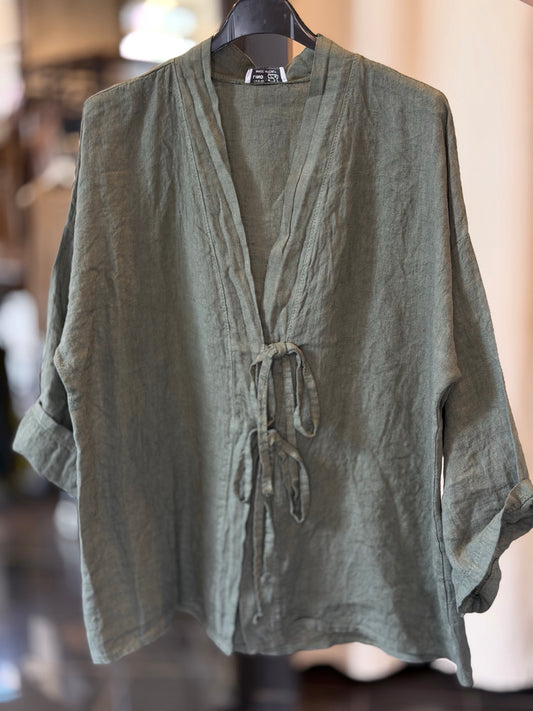 Camicia in Lino coreana verde militare con lacci in taglia unica 2858A