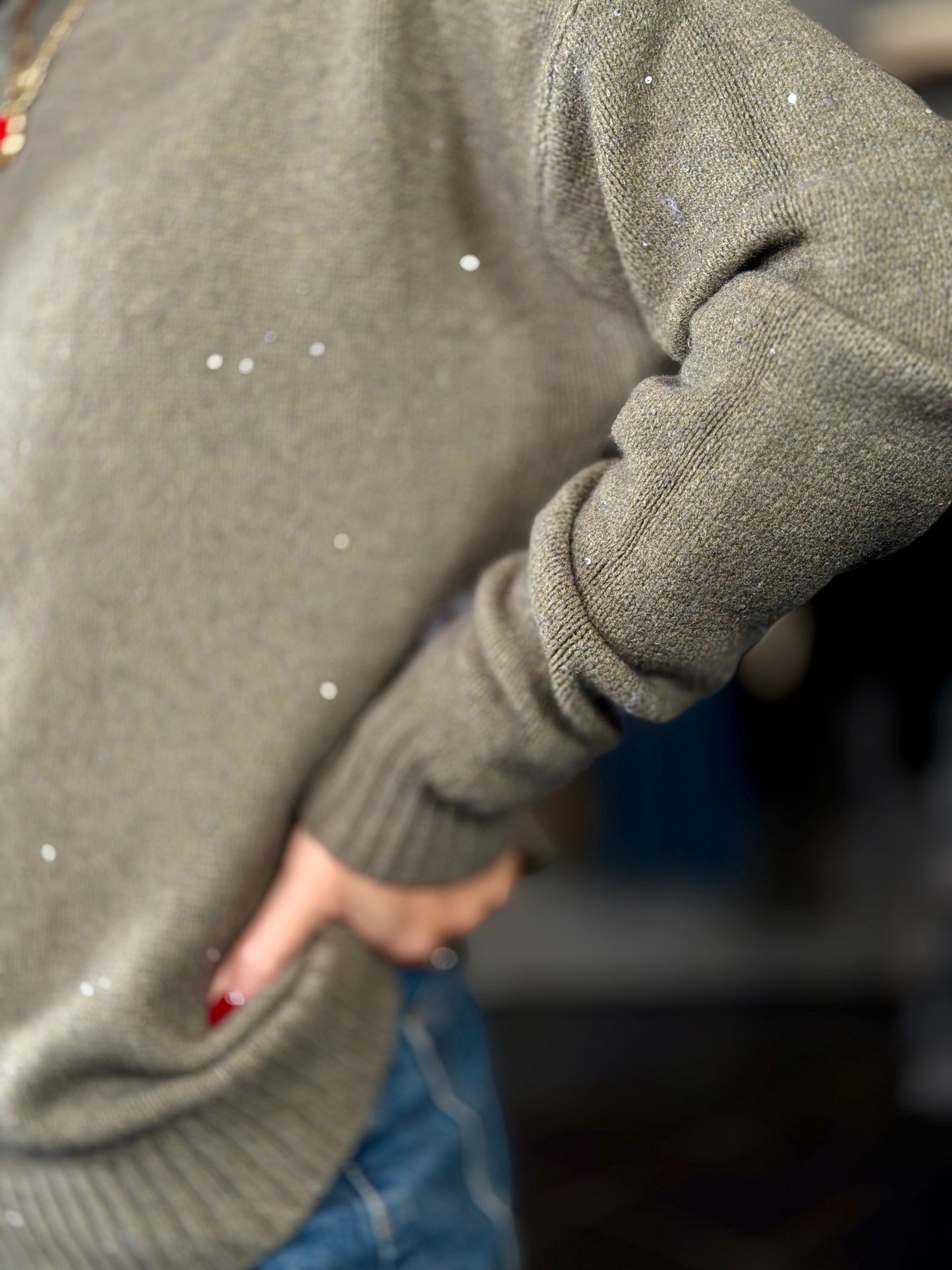 Maglione verde militare con paillettes in taglia unica 2281