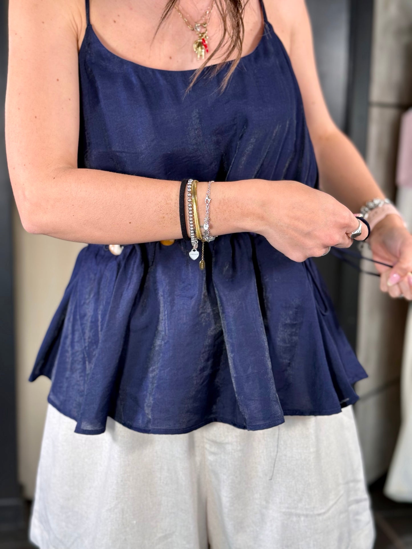 Top blu con laccio in vita con perle in taglia unica 537