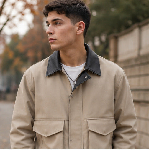 Giubbino in nylon beige con inserti in similpelle marroni