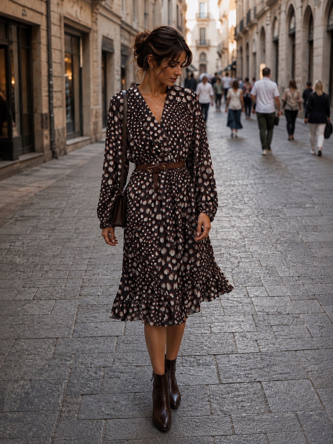 Abito marrone midi in fantasia a pois con cintura in taglia unica
