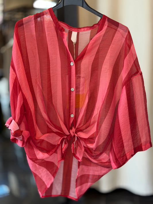 Camicia coreana in mussola di cotone a righe rosa e rosse in taglia unica 2854A