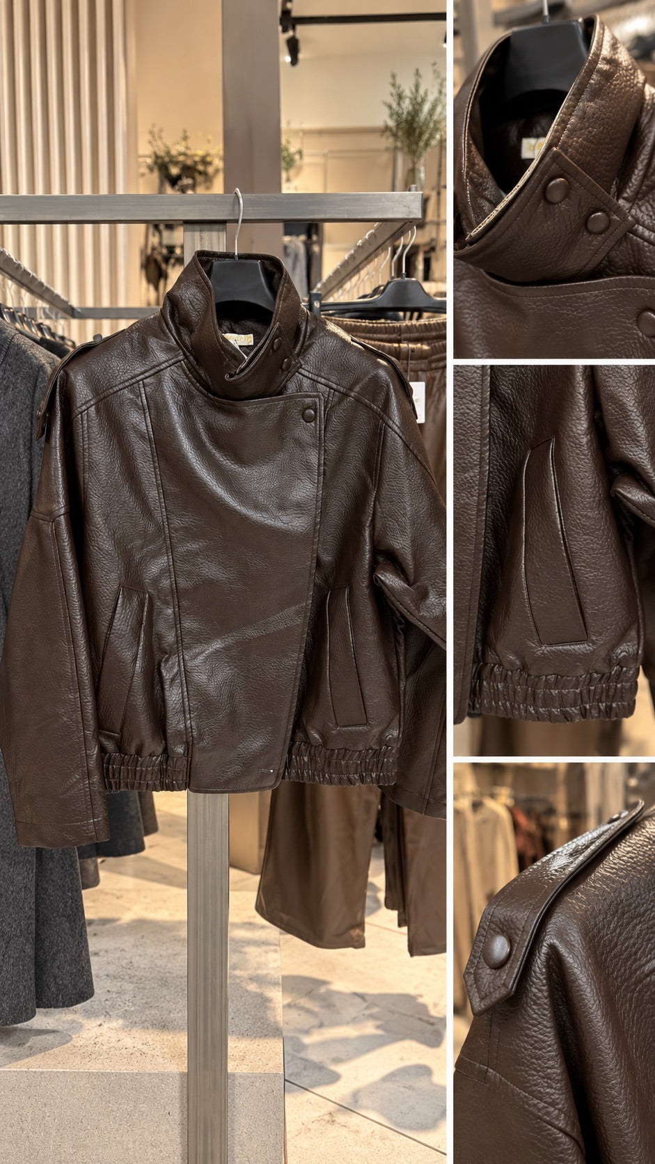 Giubbino in simil pelle marrone oversize