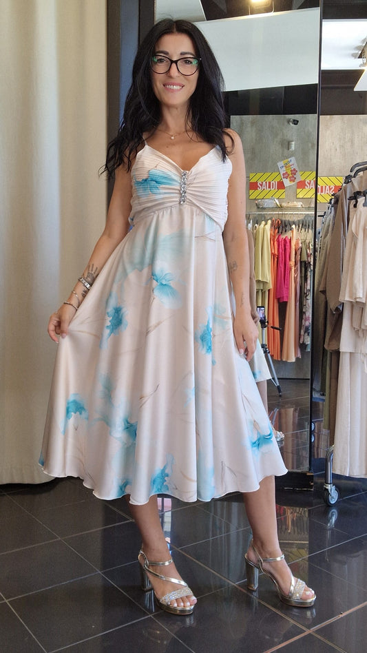 Abito midi con fiori azzurri Rinascimento