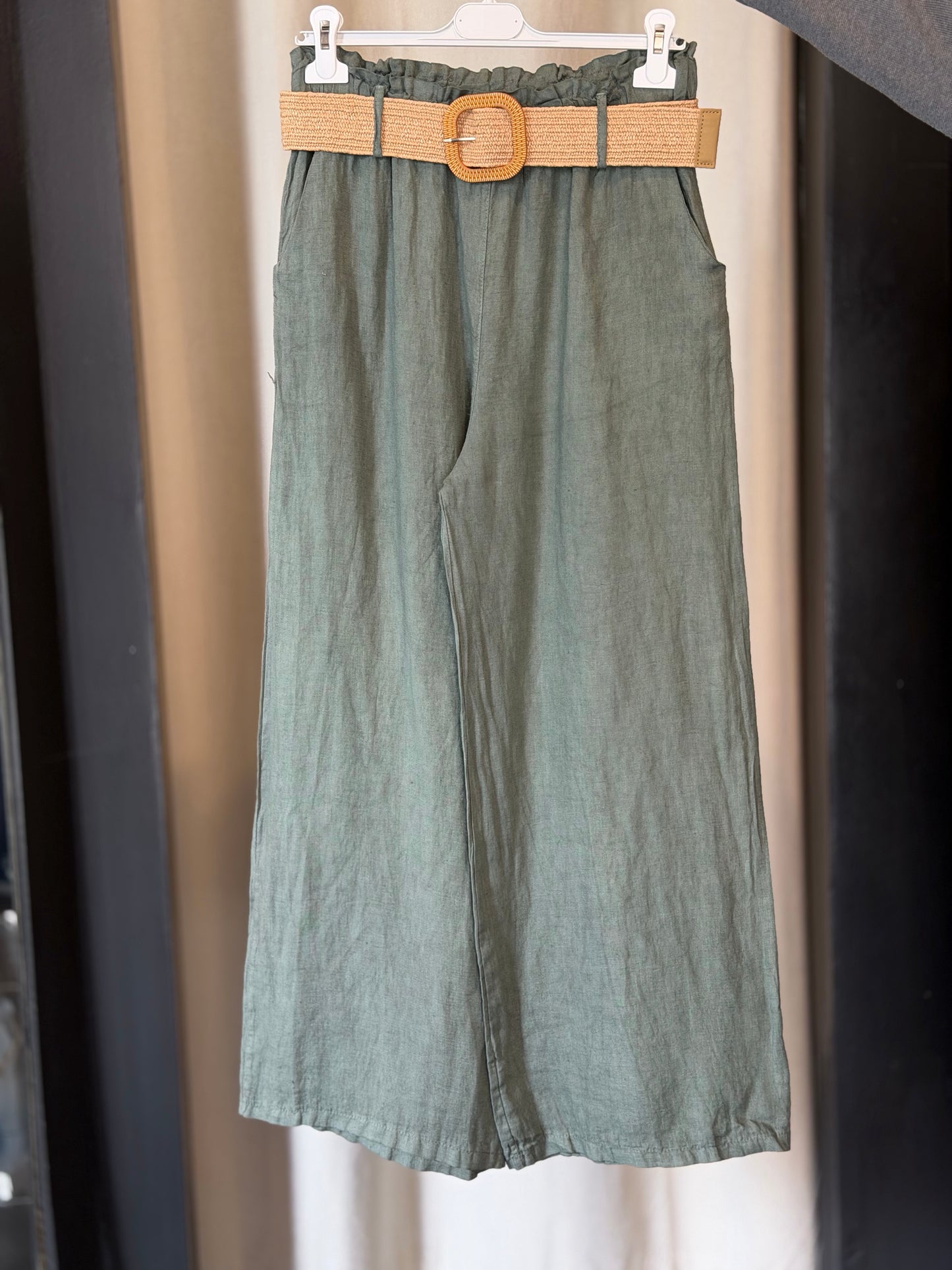 Pantalone in lino verde militare con cintura in taglia unica 2560