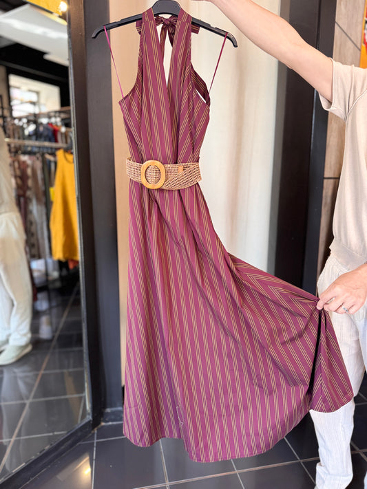 Abito Bordeaux a righe con cintura in taglia unica 2932