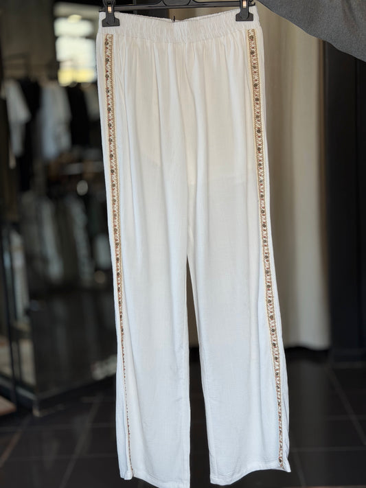 Pantalone a palazzo sabbia con ricami e perline  in taglia unica 2495
