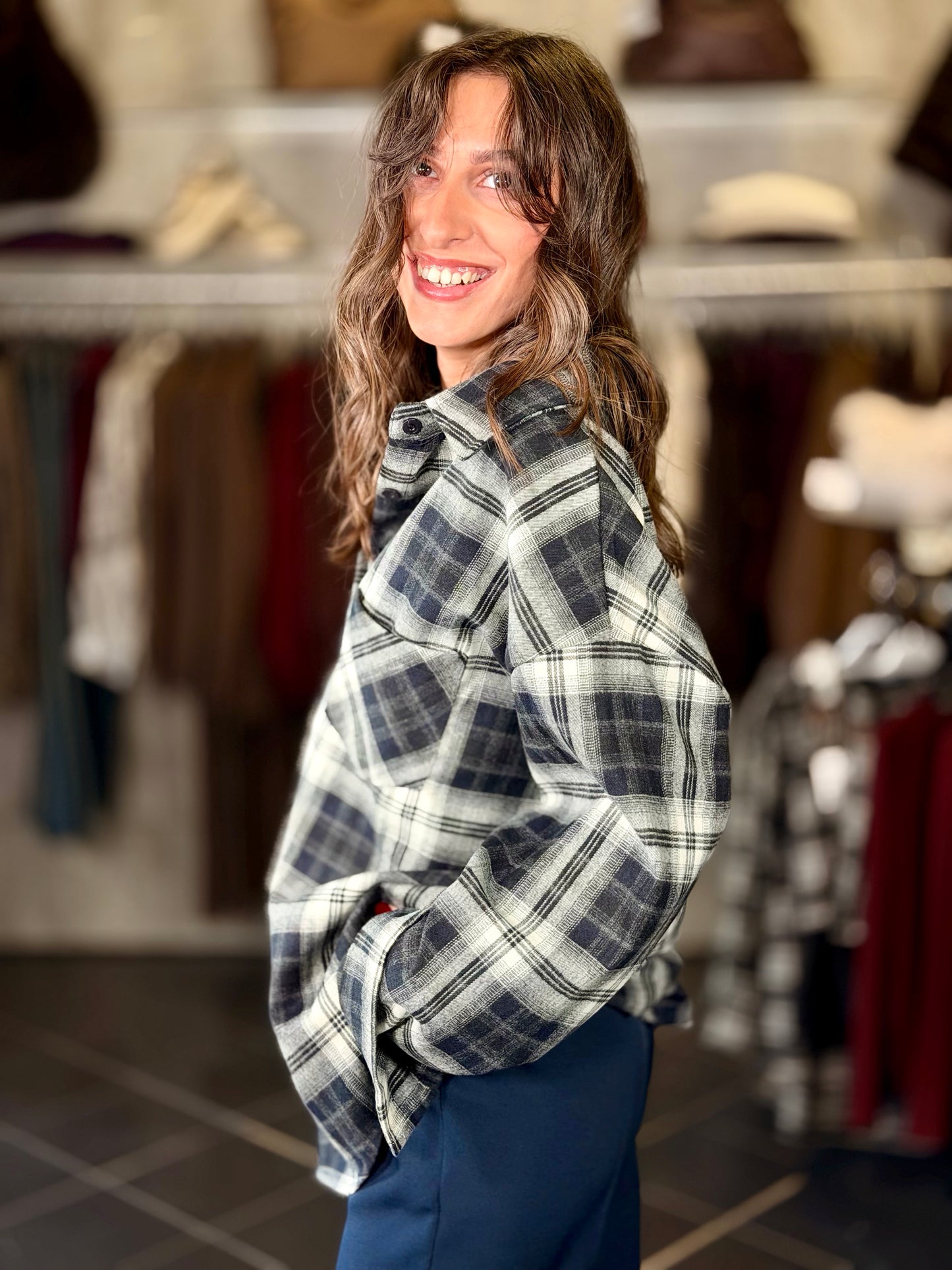 Camicia scozzese blu oversize in taglia unica 2223